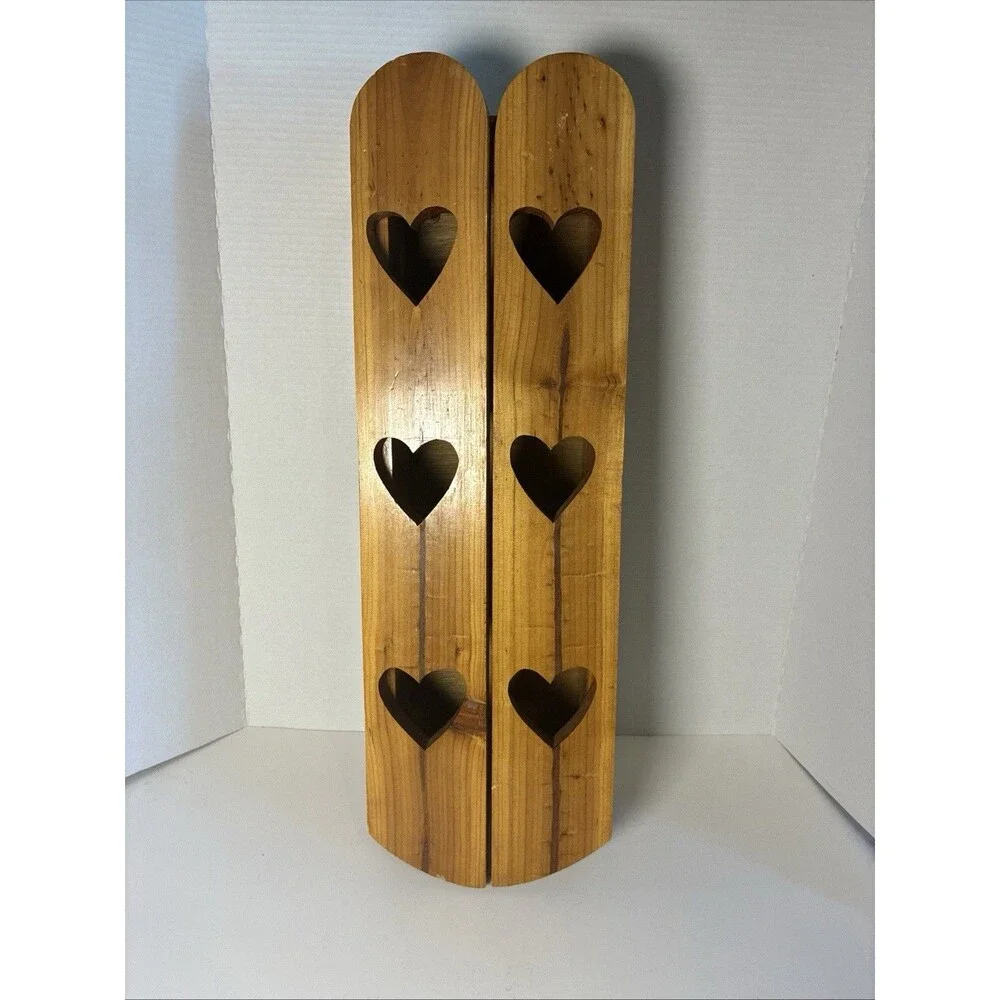 VTG 3 Tier Wall Shelf Cabinet Solid Wood Heart Cut-Out w/ Doors Pegs Farmhouse